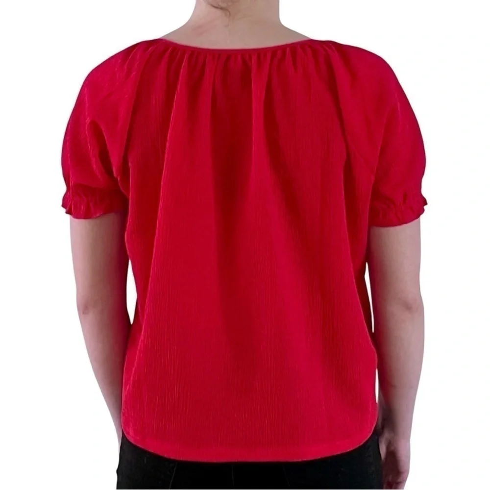 Madewell Texture & Thread Red Smocked Puff Sleeve Blouse​​​​​​​​​​​